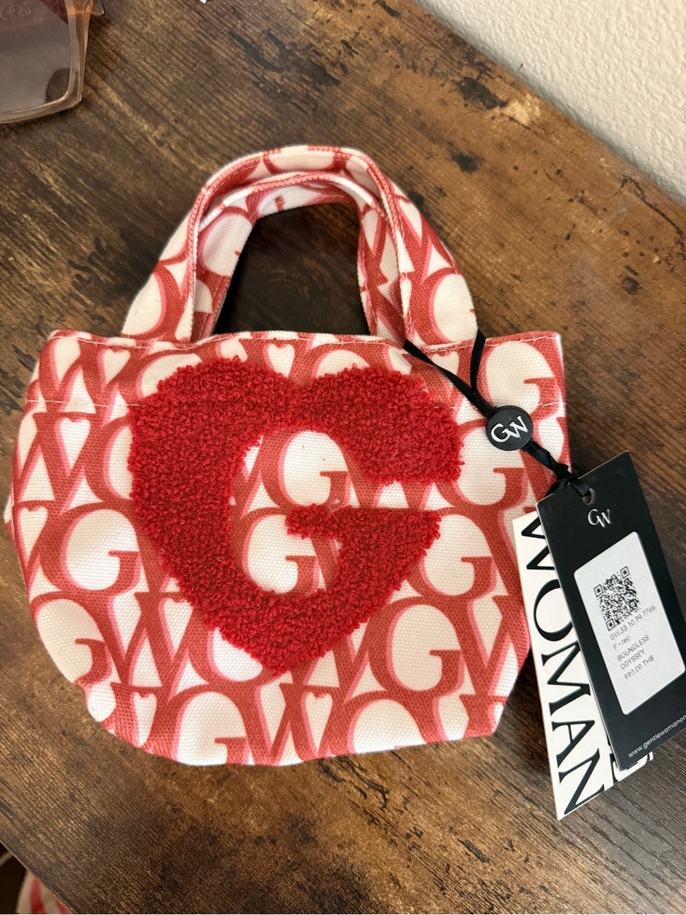 Red Patterned Mini Tote Bag with Heart G Accent